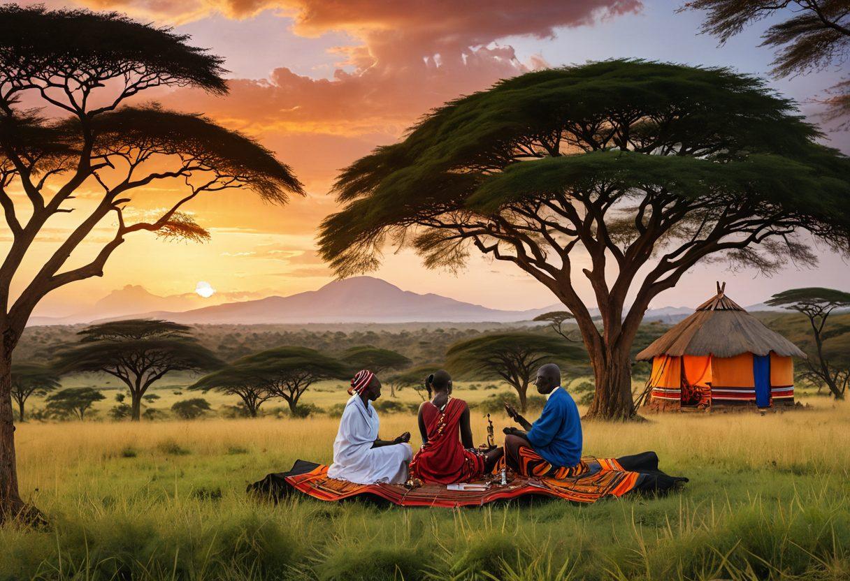 A vibrant collage depicting a serene Kenyan landscape with Maasai warriors and traditional huts in the background, contrasted with diverse African couples engaging in intimate discussions, surrounded by educational materials related to sexual wellness. Include symbols of culture and respectful intimacy, like soft lighting and nature elements for a warm, inviting feel. The overall image should celebrate openness and education in a colorful and respectful manner. vivid colors. 3D. super-realistic.