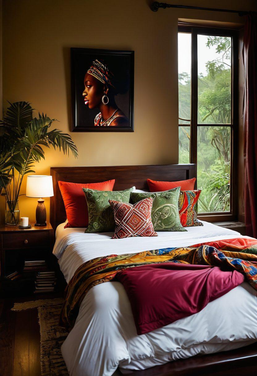 A sensual, intimate scene set in a cozy Kenyan-inspired bedroom, adorned with traditional fabrics and soft lighting. Include subtle hints of the adult industry, like a stack of erotic literature or an abstract silhouette symbolizing desire. The atmosphere should evoke warmth, connection, and exploration of love. Lush greenery visible outside a window reflects Kenya's rich natural beauty. super-realistic. vibrant colors. intimate lighting.